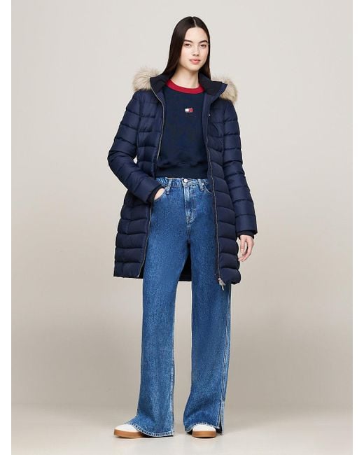 Tommy Hilfiger Blue Faux Fur Trim Hooded Down Coat