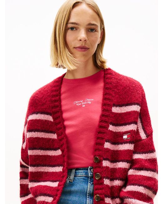 Cardigan Relaxed Fit A Righe Con Distintivo di Tommy Hilfiger in Red