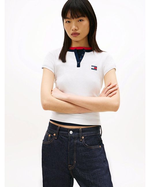 Tommy Hilfiger White Tommy Badge Henley Ribbed Slim T-Shirt