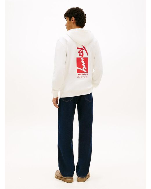 Tommy Hilfiger White Signature Back Logo Terry Drawstring Hoody for men
