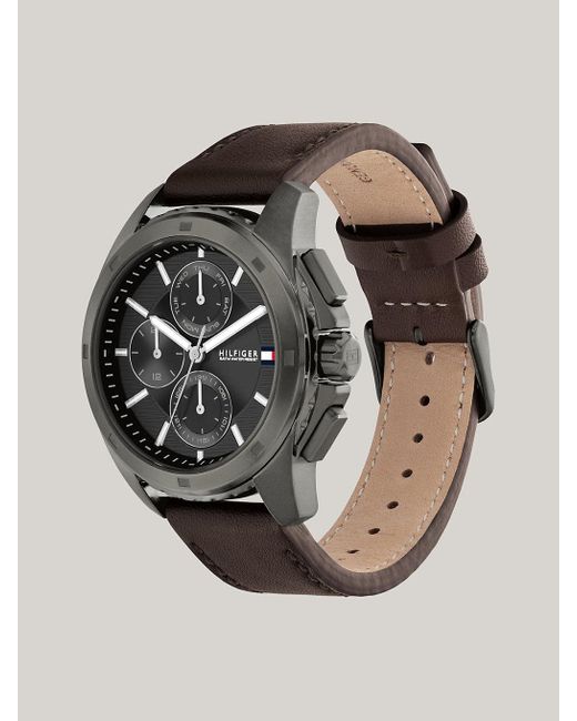 Tommy Hilfiger Gray Gunmetal Grey Dial Leather Strap Sub-counter Watch for men