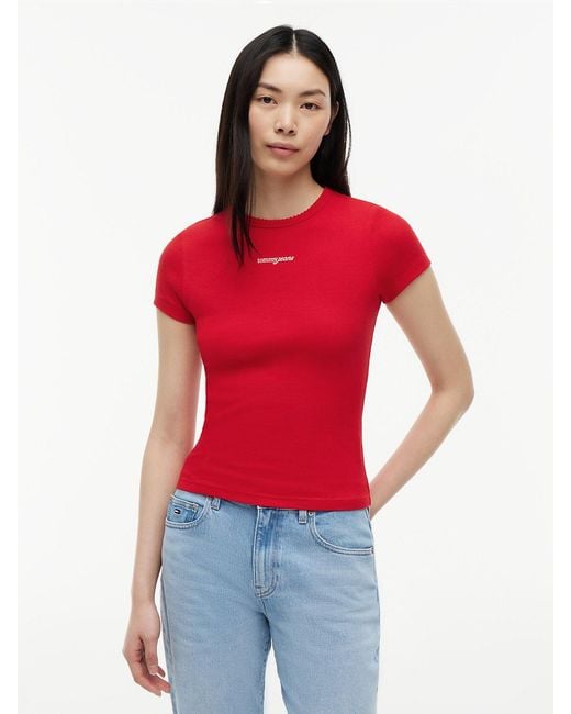 Tommy Hilfiger Red Logo Ribbed Slim T-Shirt