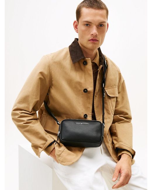 Tommy Hilfiger Black Premium Leather Logo Camera Bag for men