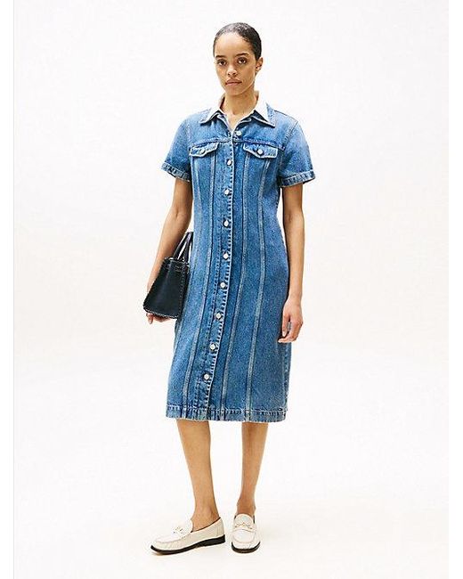 Tommy Hilfiger Midi Denim Overhemdjurk Met Korte Mouwen in het Blue