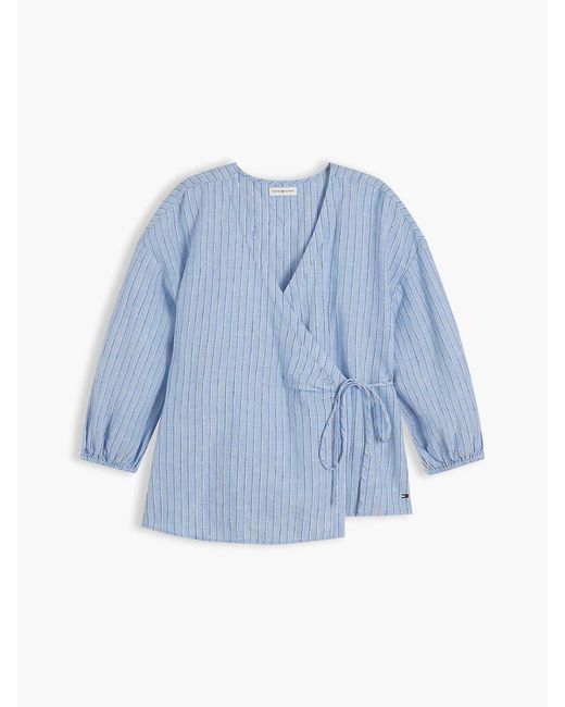 Tommy Hilfiger Blue Relaxed Fit Pure Linen Wrap Blouse