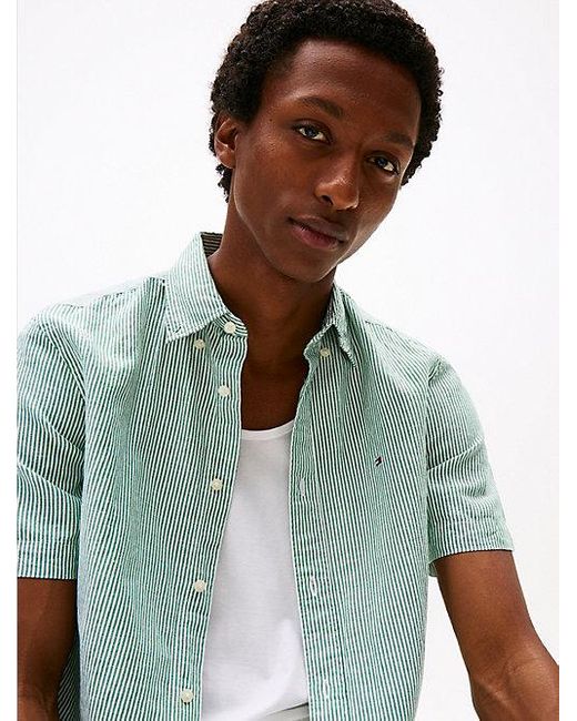 Tommy Hilfiger Gestreiftes Kurzarmhemd Aus Leinenmix in Green für Herren