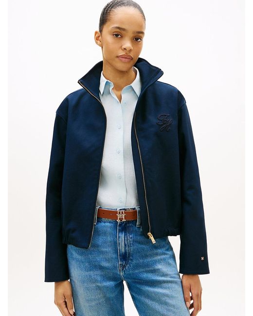 Tommy Hilfiger Blue Logo Appliqué Oversized Bomber Jacket