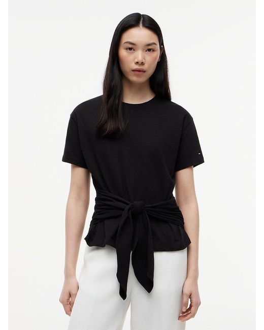 Tommy Hilfiger Black Self-Tie Textured Relaxed Crew Neck T-Shirt