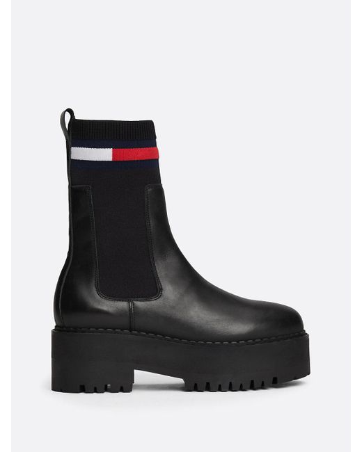 Tommy Hilfiger Black Leather Cleat Flatform Chelsea Sock Boots