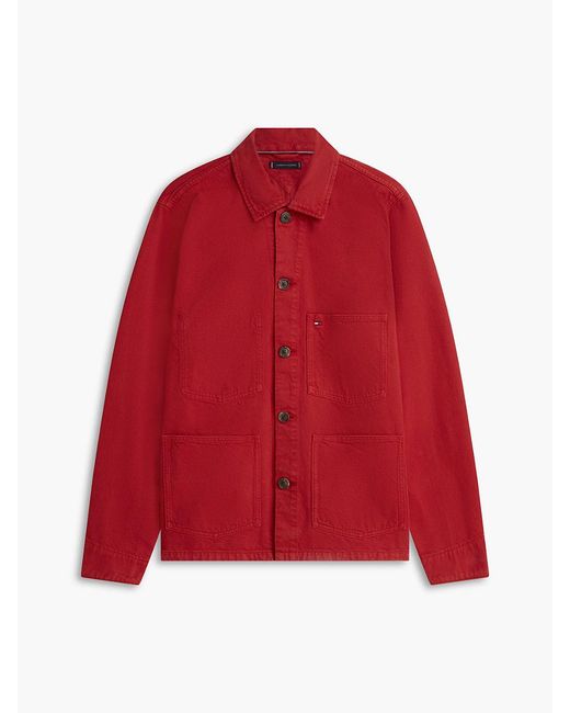 Tommy Hilfiger Red Washed Flag Embroidery Denim Chore Jacket for men