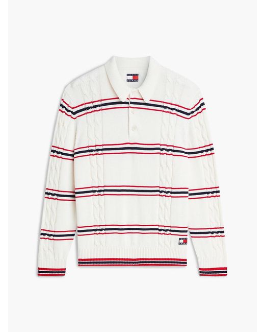 Tommy Hilfiger White Tommy Badge Cable Knit Stripe Polo Jumper for men