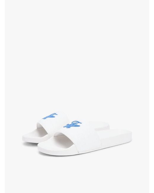 Tommy Hilfiger White Logo Embroidery Canvas Pool Slides
