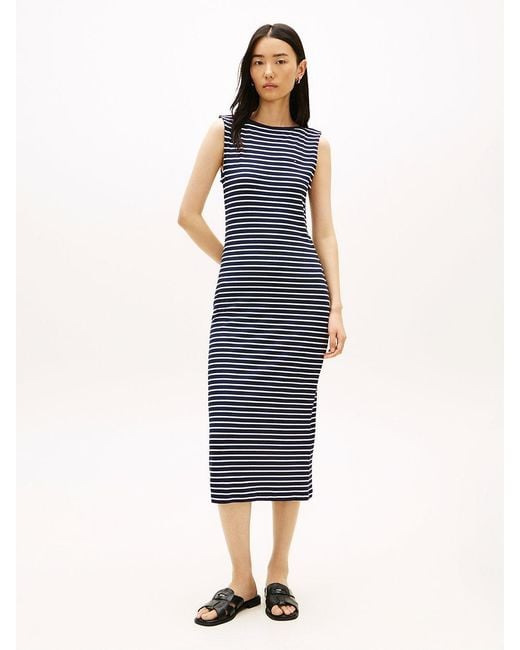 Tommy Hilfiger Blue Boat Neck Slim Midi Bodycon Dress