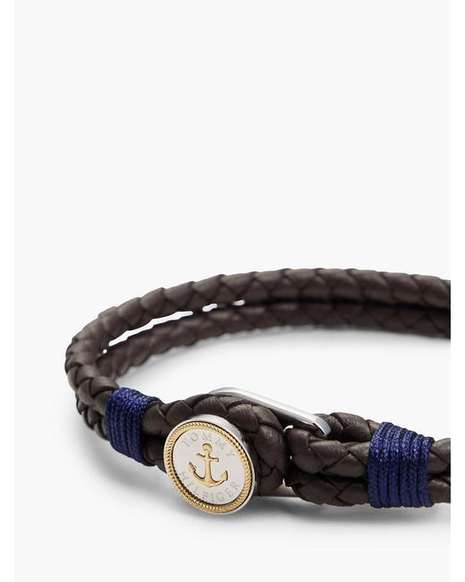 Tommy Hilfiger White Gold-plated Nautical Charm Brown Leather Bracelet for men