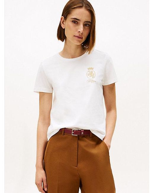 Tommy Hilfiger T-Shirt Met Ronde Hals En Geborduurd Embleem in het White