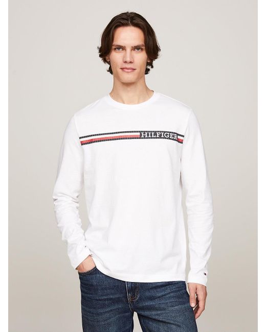 T-shirt rayé à manches longues et logo Tommy Hilfiger pour homme en coloris White