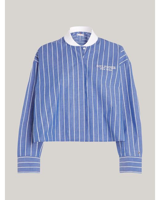 Tommy Hilfiger Blue Baseball Stripe Rib-knit Collar Cropped Shirt