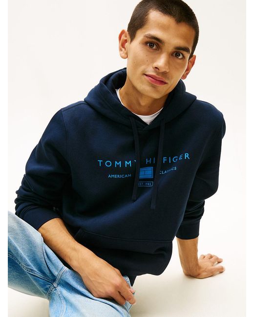 Tommy Hilfiger Blue Logo Terry Drawstring Hoody for men