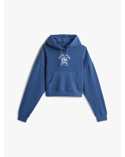 Felpa Crop Squadrata Con Cappuccio E Logo di Tommy Hilfiger in Blue