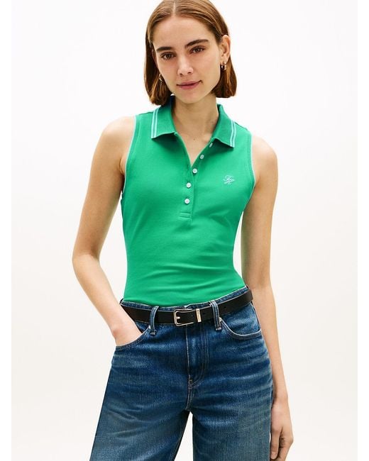Tommy Hilfiger Green 1985 Slim Fit Pique Sleeveless Polo Shirt
