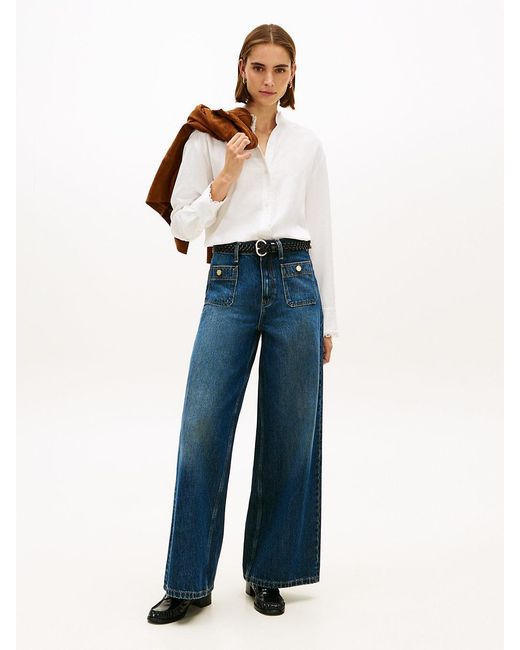 Tommy Hilfiger White Oversized Fit Lace Trim Shirt With Linen