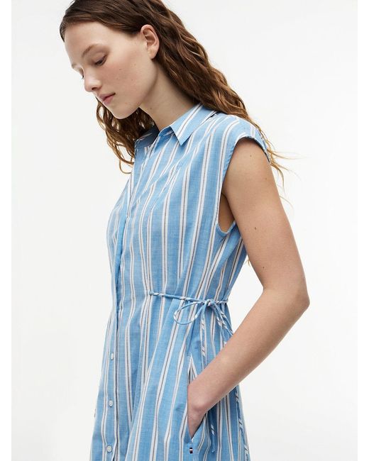 Tommy Hilfiger Blue Tie Detail Cap Sleeve Midi Shirt Dress