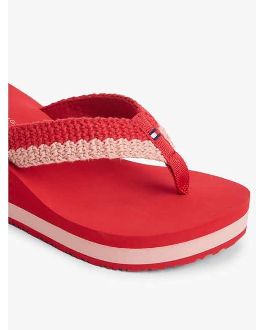 Tommy Hilfiger Red Wedge Heel Woven Flip-Flops