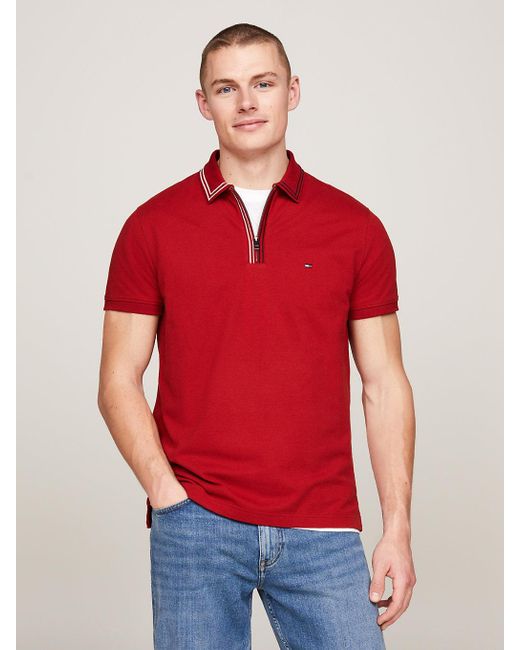 Tommy Hilfiger Red Zip Placket Tipped Regular Fit Polo for men