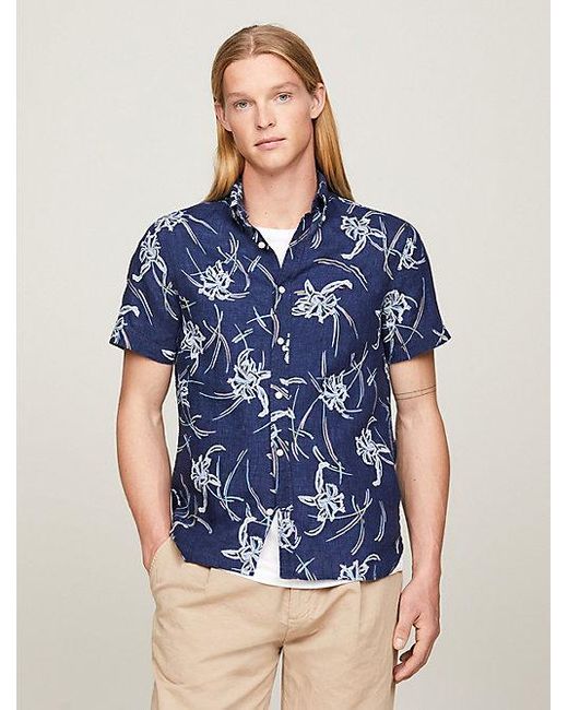 Tommy Hilfiger Slim Overhemd Van Linnen Met Tropische Print in het Blue voor heren