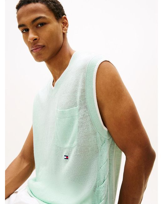 Tommy Hilfiger Blue Lightweight Linen Blend V-neck Sweater Vest for men