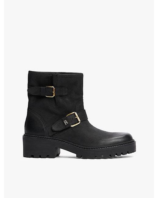 Tommy Hilfiger Leren Bikerboot Met Vetersluiting En Gesp in het Black