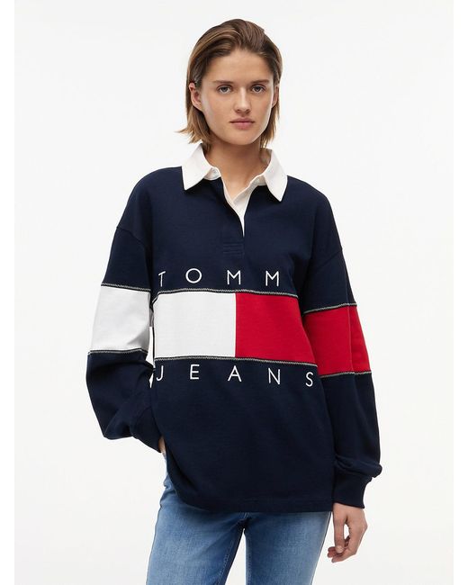 Tommy Hilfiger Blue Tommy Flag Jersey Oversized Rugby Shirt