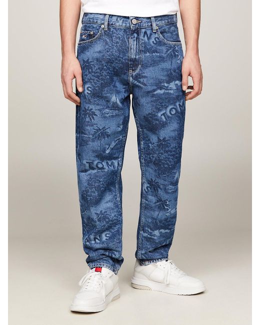 Tommy Hilfiger Blue Isaac Relaxed Tapered Lasered Hawaiian Print Jeans for men