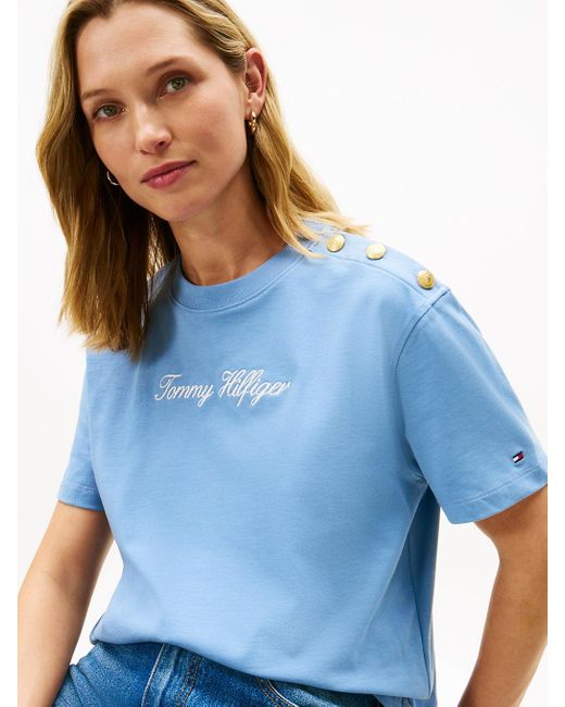 Tommy Hilfiger Blue Tone Button Logo Embroidery Relaxed T-Shirt