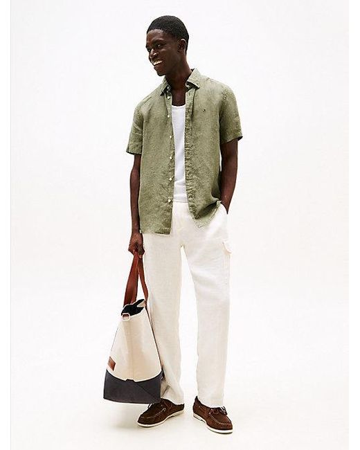 Tommy Hilfiger Regular Fit Linnen Overhemd Met Korte Mouwen in het Green voor heren