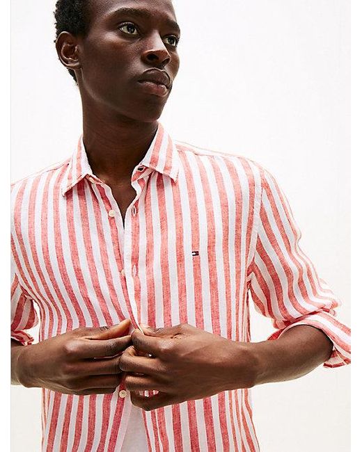 Tommy Hilfiger Gestreiftes Regular Fit Hemd Aus Leinen in Pink für Herren