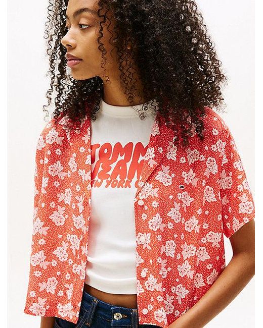 Tommy Hilfiger Cropped Overhemd Met Print En Korte Mouwen in het Red