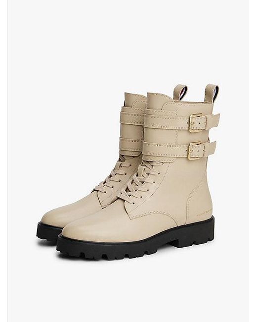 Tommy Hilfiger Leren Bikerlaars Met Profielzool En Logo in het Natural