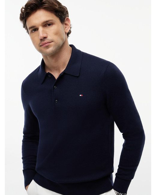 Tommy Hilfiger Blue Cotton Cashmere Long Sleeve Pullover Sweater Polo for men