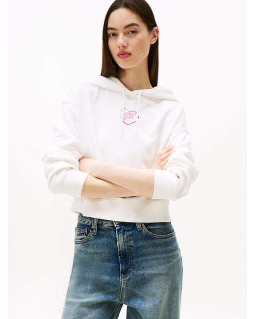 Felpa Crop Relaxed Fit Con Grafica di Tommy Hilfiger in White