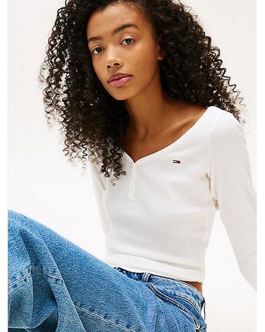 Tommy Hilfiger Wafelgebreide Henley-Longsleeve in het White