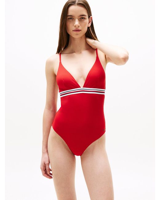 Tommy Hilfiger Red Global Stripe Plunge Neck Swimsuit