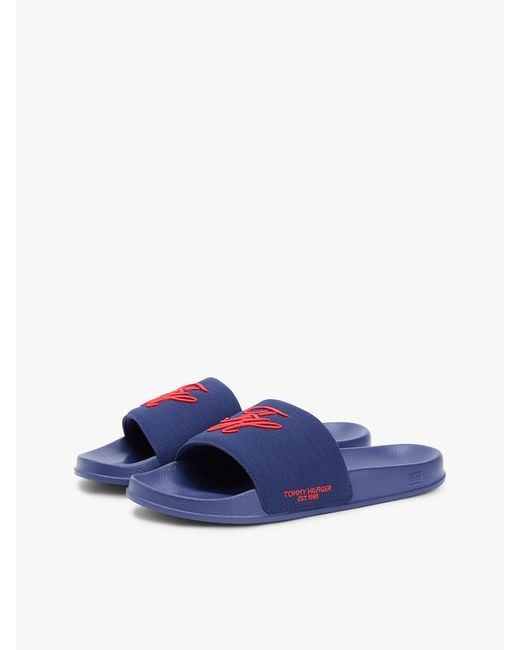 Tommy Hilfiger Blue Logo Embroidery Canvas Pool Slides for men