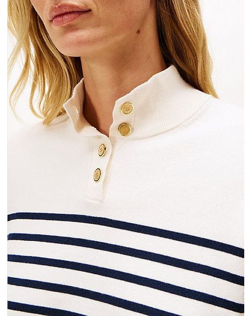 Tommy Hilfiger Gestreepte Trui Met Opstaande Hals En Knopen in het White