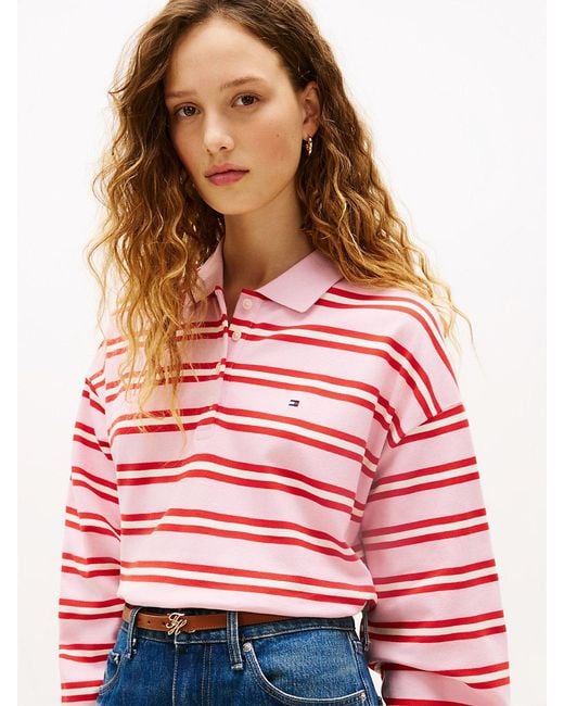 Tommy Hilfiger Red 1985 Relaxed Fit Stripe Long Sleeve Polo Shirt