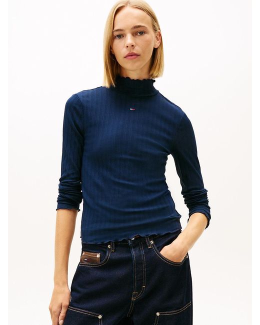 Tommy Hilfiger Blue Ruffle Ribbed Slim Mock Neck Top