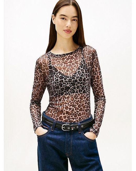 Tommy Hilfiger Mesh Top Met Lange Mouwen En Luipaardprint in het Blue