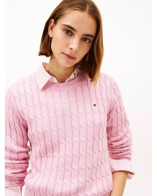 Tommy Hilfiger Pink Cable Knit Crew Neck Jumper