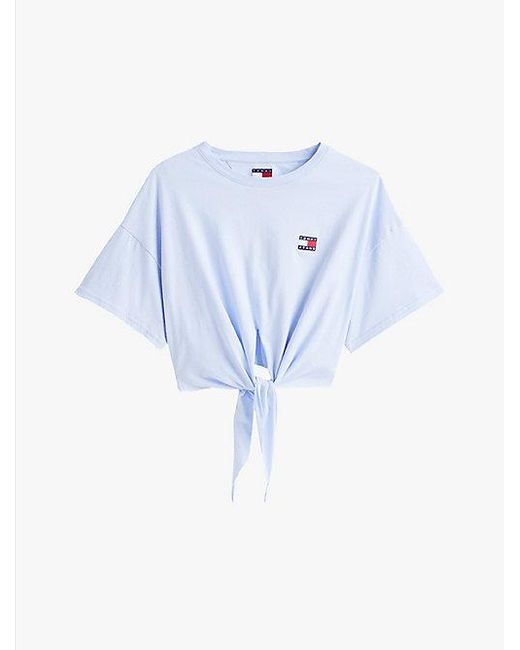 Tommy Hilfiger Cropped T-Shirt Met Knoop En Tommy-Badge in het Blue