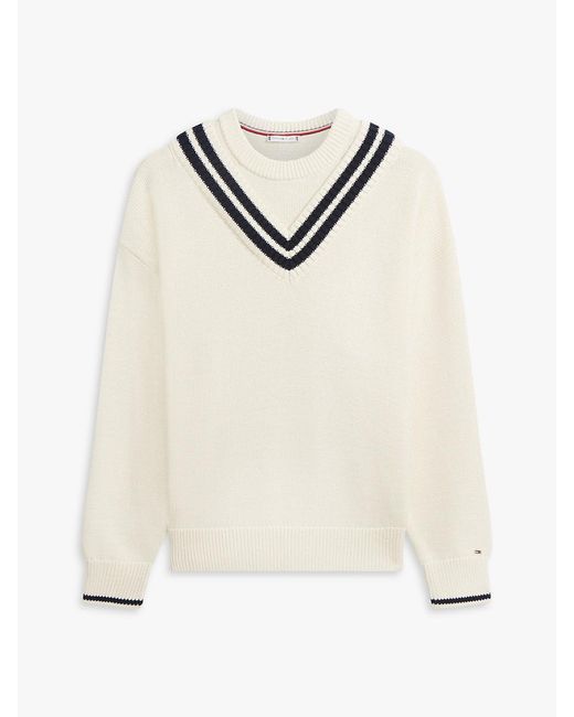 Tommy Hilfiger Natural Double Layered Crew Neck Relaxed Cricket Jumper